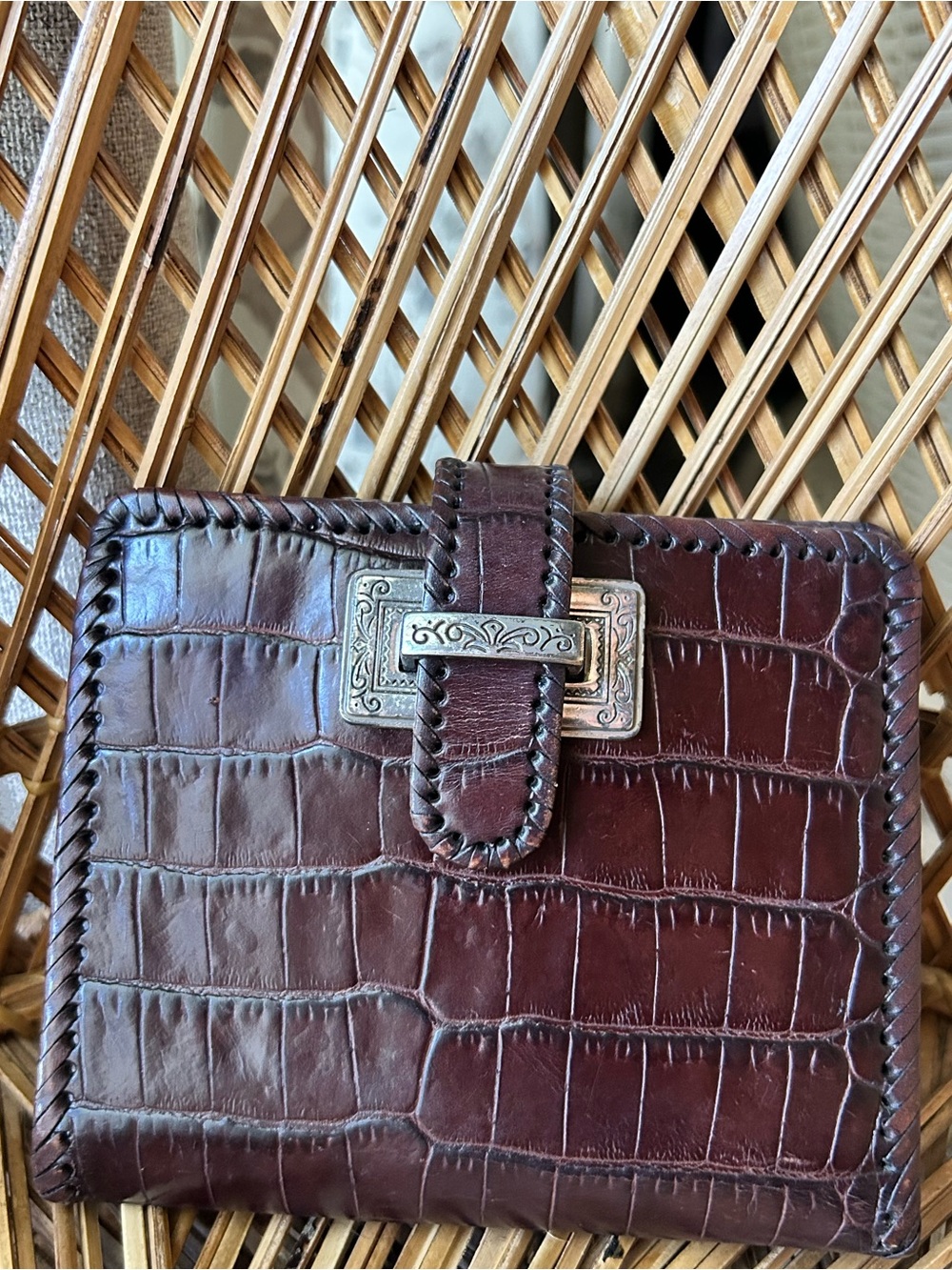 Vintage Brighton Brown Croc-Embossed Leather Wallet with Silver-Tone Buckles
